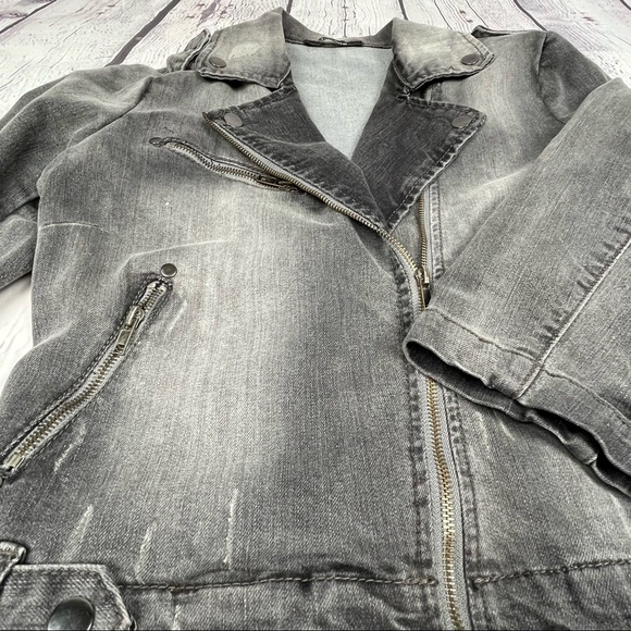 DOMINO women's black grey denim distressed moto jean jacket 3/4 sleeves, size M - Picture 4 of 13